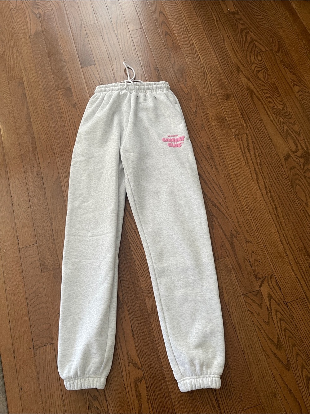 Light Gray white fox  Sweatpants with Pink Embroidery